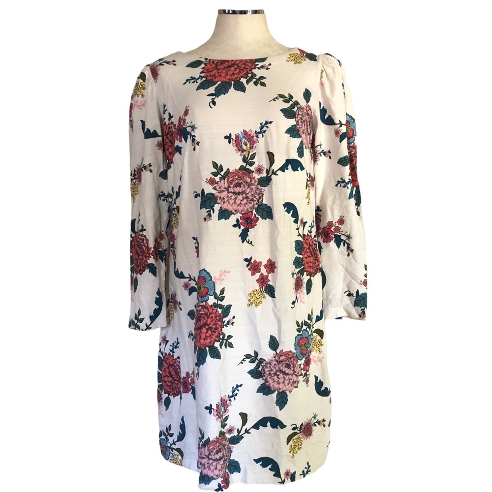 LOFT | Floral Dress Size 14 Pleated Long Sleeve Midi Keyhole Multi Color NWT